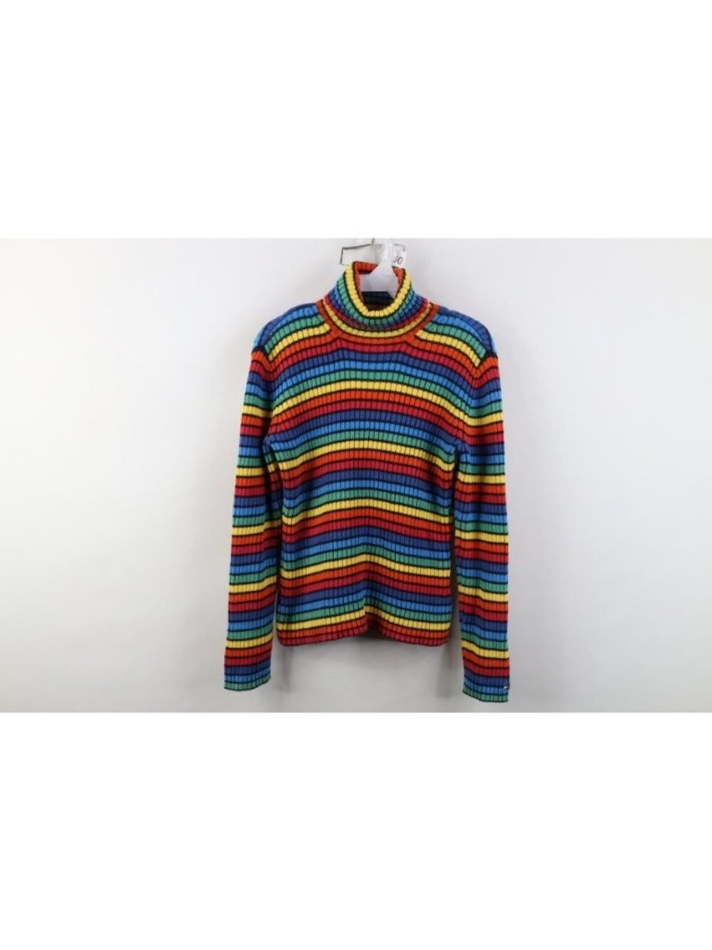 Vtg Y2K Tommy Hilfiger Womens Medium Babydoll Rainbow Striped Turtleneck Sweater